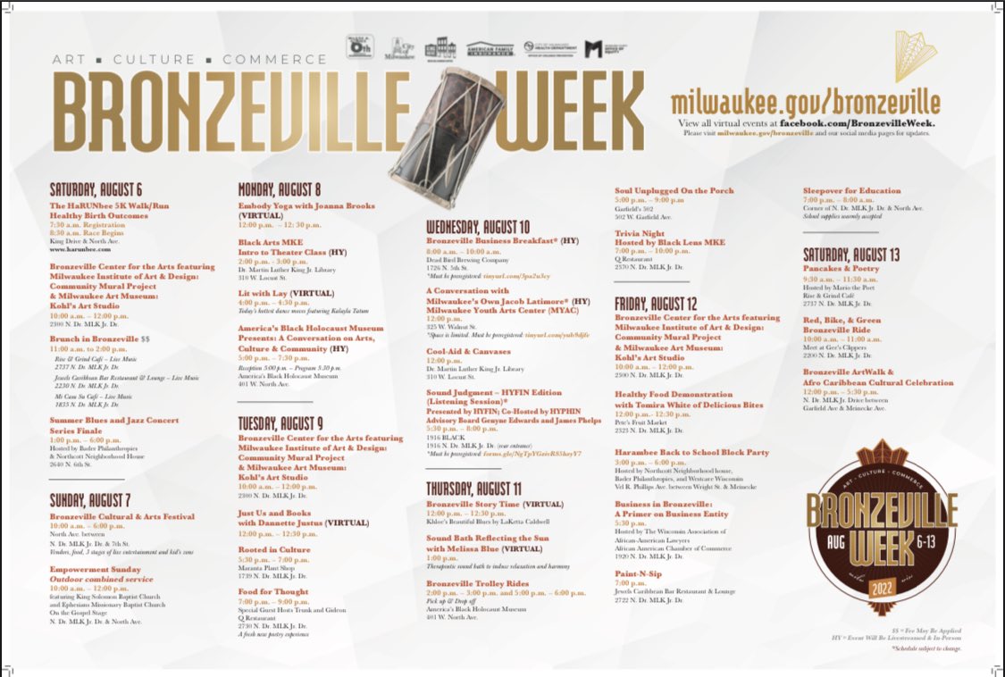 ranell_io's tweet photo. Bronzeville Week, presented by @amfam @cityofmilwaukee @KingDriveIs @MKEhealth and @mkeOAAA and Alderwoman Coggs!
The week kicks off on Saturday, August 6, 2022 and runs until Saturday, August 13, 2022.
#Milwaukee #BronzevilleWeek #Festivals #AmFaMKE https://t.co/PsJe5VMOmn