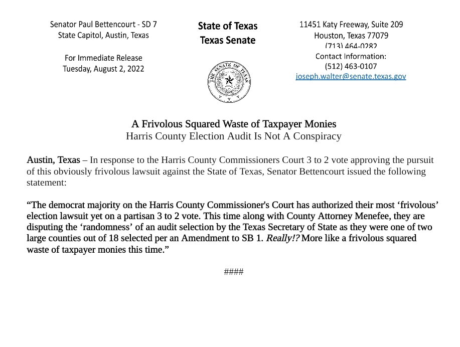 TeamBettencourt's tweet photo. HarrisCo Comm Ct on partisan 3-2 vote files most frivolous election lawsuit yet against State of TX @TXsecofstate. @LinaHidalgoTX @AdrianGarciaHTX @RodneyEllis tell @CDMenefee to file on “randomness” TX audit 2/18 co. Rlly?! Most frivolous² lawsuit they’ve filed. #txlege @TPPF https://t.co/vmQ2tph9K3