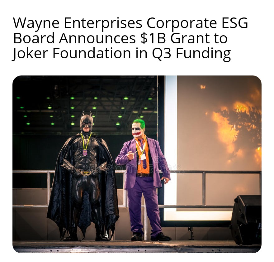 There's no demand for superheroes to solve ordinary people's squabbles. To justify the silly suit there has to be a supervillian #ESG #Funding #Donations #Charity #Federalism #Authority #Opression