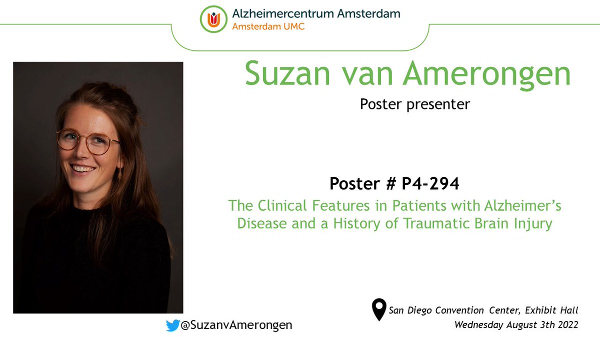 Is a history of #TBI associated with differences in disease characteristics among #AD patients? Check out my #AAIC22 poster tomorrow and find the answer! 

<a href="/AlzheimerAms/">Alzheimercentrum Amsterdam (inactief)</a> <a href="/alzassociation/">Alzheimer's Association</a>