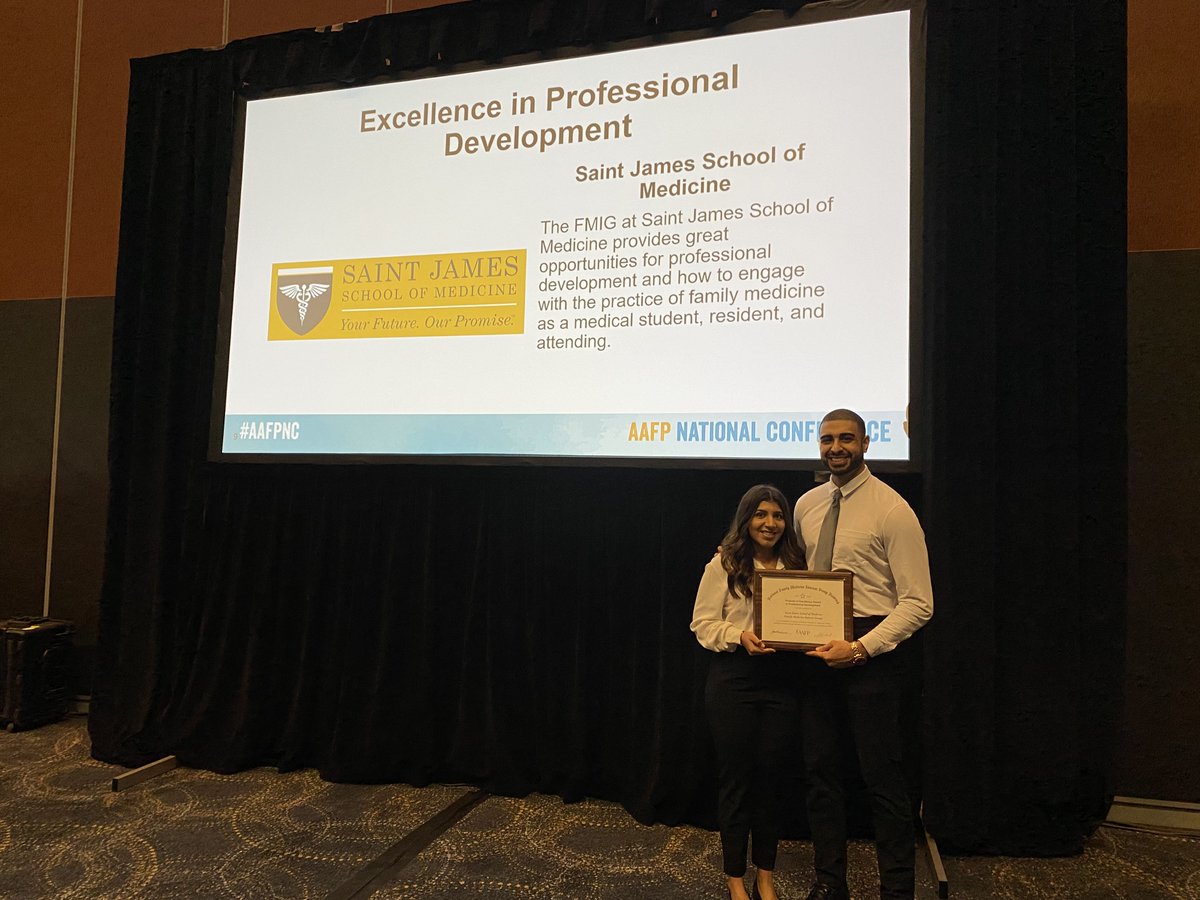 SaintJamesMed's tweet photo. Congratulations to the SJSM Family Medicine Interest Group for winning the award for Excellence in Professional Development at the #AAFPNationalConference

#aafp #familymedicine #fmig #programofexcellence #medicalschool #medschool #medicalstudent #medstudent #wearesjsm #sjsm https://t.co/OWjmTmBxu4