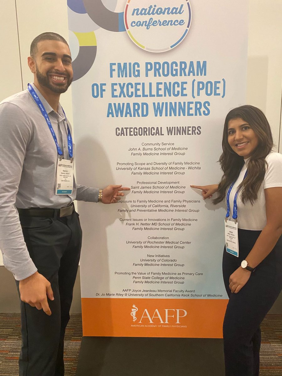 SaintJamesMed's tweet photo. Congratulations to the SJSM Family Medicine Interest Group for winning the award for Excellence in Professional Development at the #AAFPNationalConference

#aafp #familymedicine #fmig #programofexcellence #medicalschool #medschool #medicalstudent #medstudent #wearesjsm #sjsm https://t.co/OWjmTmBxu4