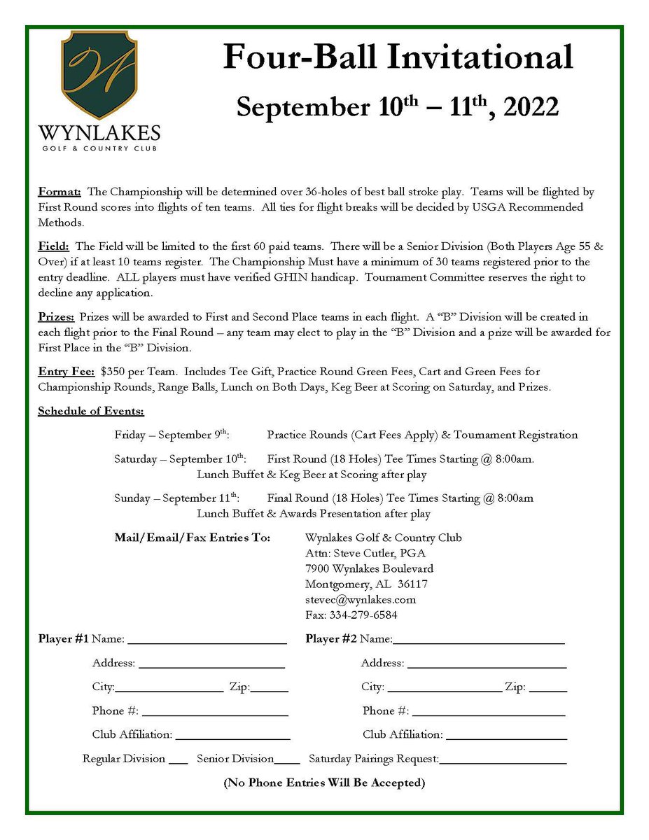 Our Four-Ball Invitational is September 10th &amp; 11th.  Grab your partner and sign up!!