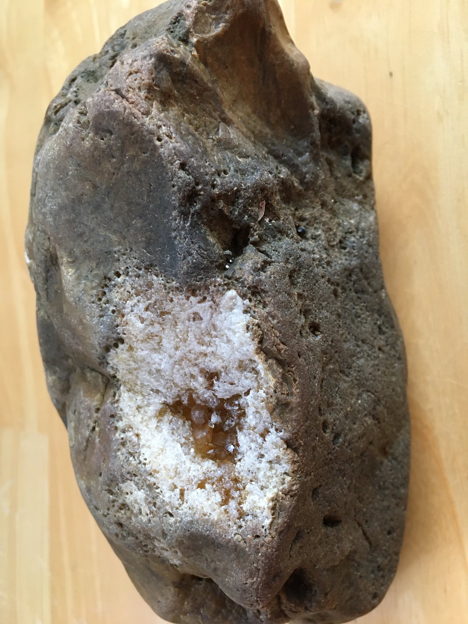 高野槙 津軽半島東海岸の石 波で擦れた所から黄色の結晶が顔を出してます 割りたくなりますねぇ もうひとつの石は赤 黄 緑のジャスパーの間に結晶がキラキラ これは錦石と呼んでいいと思います ってか マイ錦石 握りこぶし２個合わせた位の