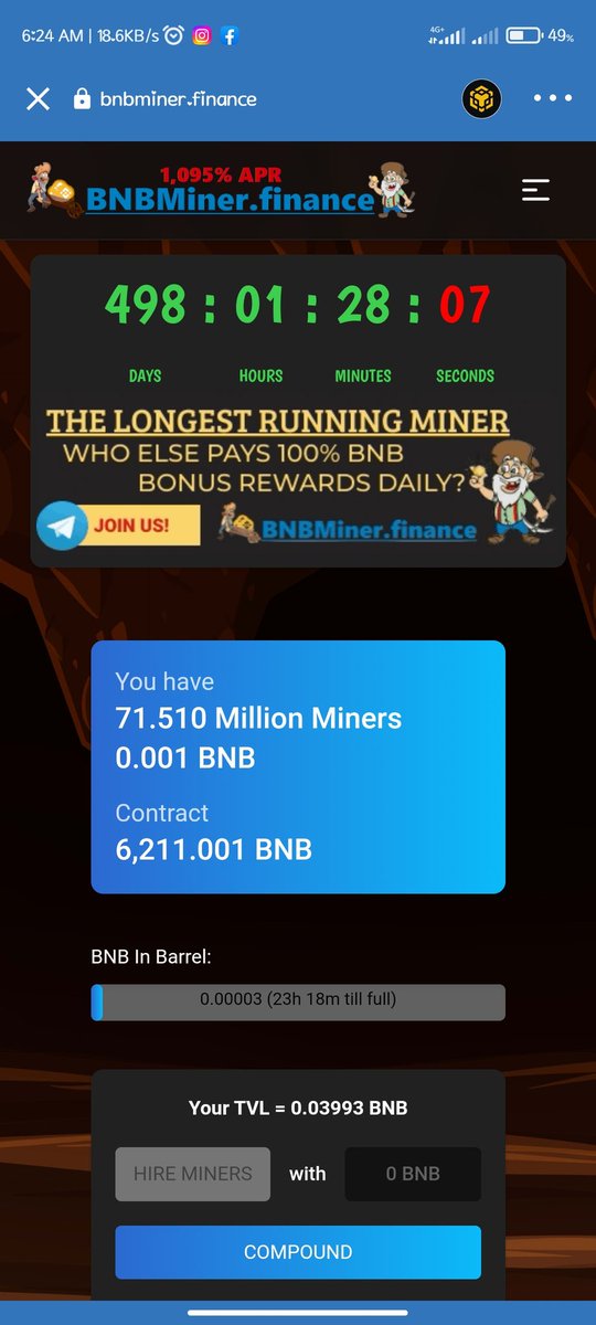 BSC_Drop's tweet photo. ✅ RANKED #1 🥳 "AND" THE LONGEST RUNNING MINER! 💯 #FACTS

⏰Running 497 : 06 : 56 Days

BNB Miner FINANCE Site : https://t.co/CKMq6assbI

🔥 Official BNB MiNer
✅ Enjoy  1,080% ARP
✅  6,308.932 BNB Staked

✅ VERIFIED BCSscan : https://t.co/KmjyuwNCUm https://t.co/y7gPUgyWh6