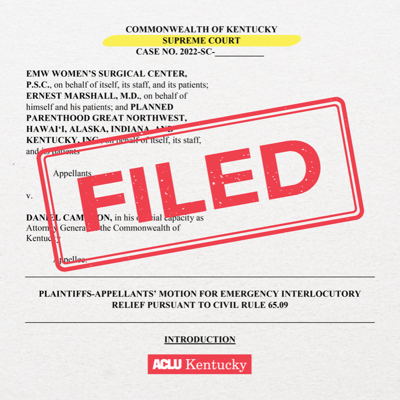 ACLUofKY's tweet photo. FILED: We're asking the Kentucky Supreme Court to block two abortion bans as our lawsuit plays out in court.

A court of appeals judge allowed AG Daniel Cameron and other state actors to start enforcing the bans yesterday. Abortion is currently illegal at all stages of pregnancy.
