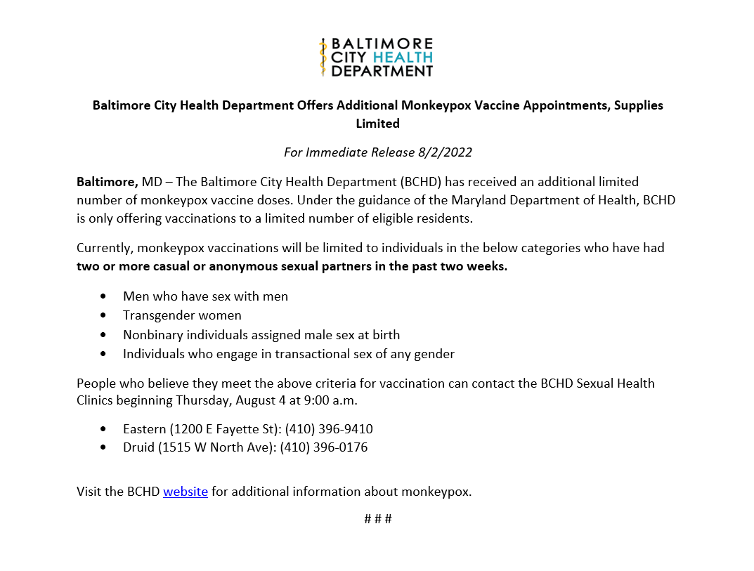 BMore_Healthy's tweet photo. 🚨MPX Announcement🚨
Additional vaccine doses have arrived at BCHD, and there will be a limited number of appointments available at our clinics.

PLEASE CALL 410.396.9410 or 410.396.0176 on THURSDAY 8/4 @ 9AM to register for an appointment time. https://t.co/d49hkxehK6