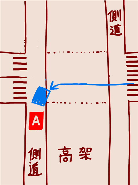 Aの位置で信号待ちしてたら青の車が
ノールックで曲がってきた時は
あーこれもうぶつけられるわ…と思いました
(ぶつからなかったけど) 