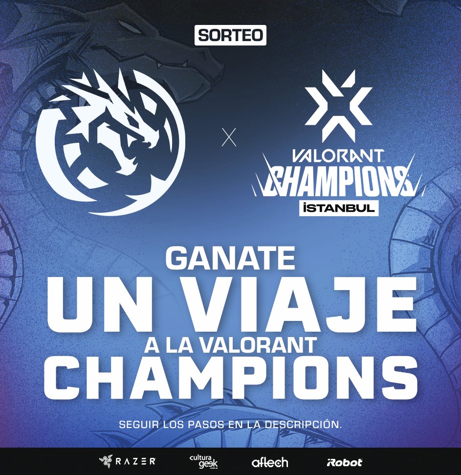🇹🇷 ¡SORTEAMOS UN VIAJE A #VALORANTCHAMPIONS! 🇹🇷

No importa de que país leas esto, podes participar de un viaje a #VALORANTChampions que se jugará en Estambul, Turquía 🇹🇷

Para participar segui los requisitos:

-Seguirnos en Twitter e Instagram
-Dar RT
-Etiquetar 2 amigos