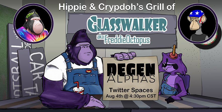 degenalphas's tweet photo. 🔥DegenAlphas welcomes the epic @DegenDAOO animator @FreddieOctopus for an AMA on Thursday at 4:30pm CST.

Looking forward to seeing your #Creape entry cuz the sneaks are 🔥 af Glasswalker.

Mash this link: https://t.co/zfIZIBN0ER &amp; set a reminder cuz you don't want to miss it. https://t.co/CJSGxV0Xyy