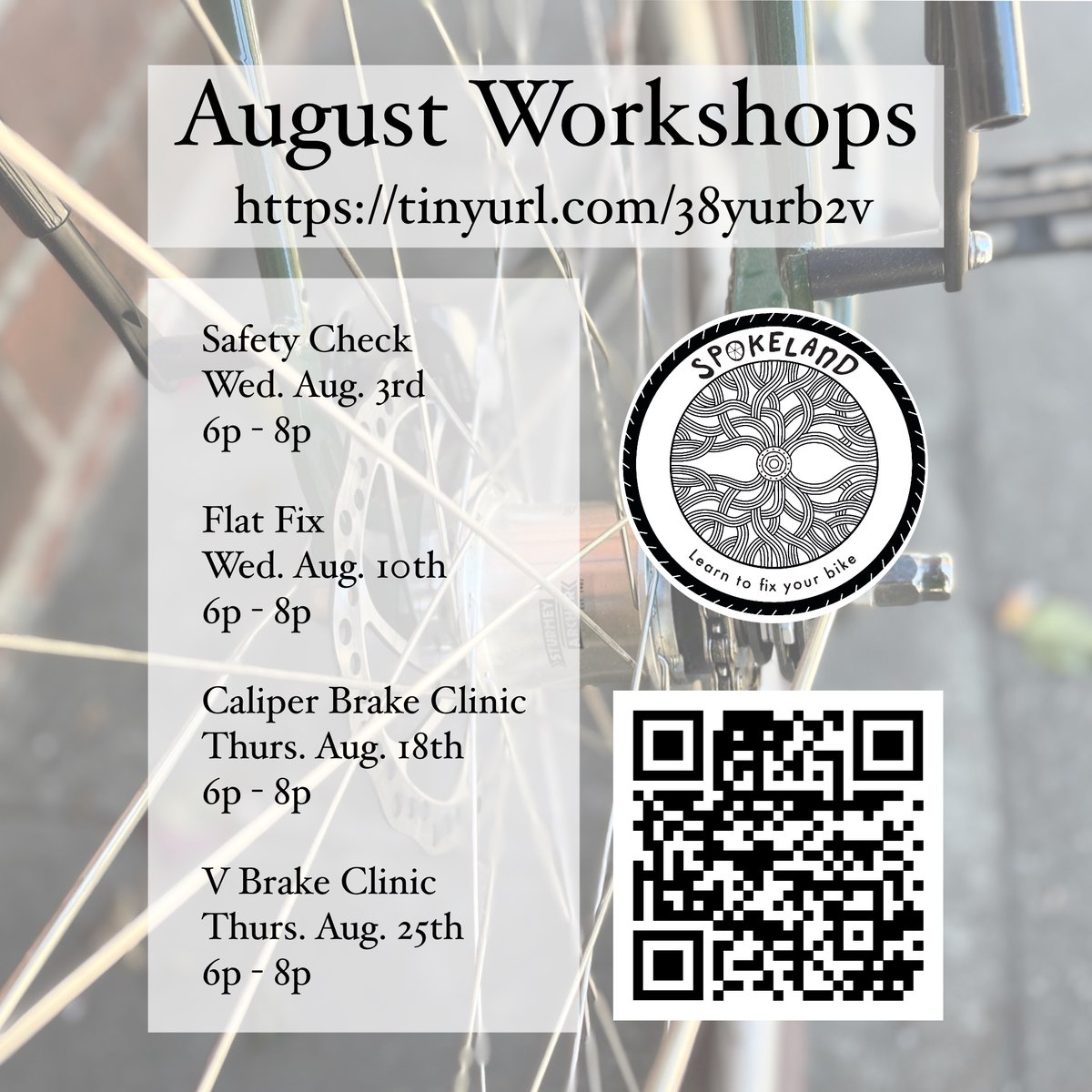 spokeland's tweet image. Spots still available this Wednesday for Safety Check Workshops. 
Flat Fix, Caliper and V Brake evening workshops still open for sign us!!
#workshops #flatfix #safetycheck #spokeland #oakland #bicyclemechanics #handson