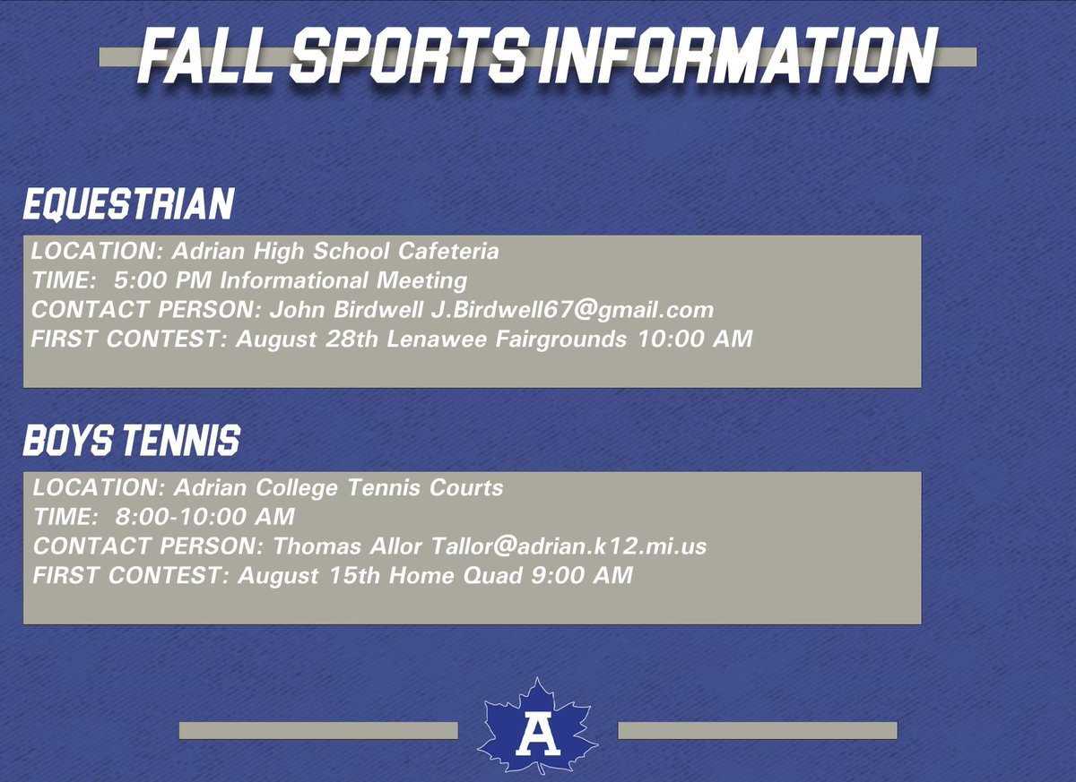 We’re six days away from fall sports! Get your physicals turned in &amp; Final Forms done!(Must be dated April 15, 2022 or later) Below is relevant information for Maple fall <a href="/MHSAA/">MHSAA</a> Sports. Need more info? Email cobrien@adrian.k12.mi.us #GoMaples <a href="/965TheCave/">96.5 The Cave</a> <a href="/wlen1039/">WLEN1039</a> <a href="/lenaweesports/">Telegram Sports</a>