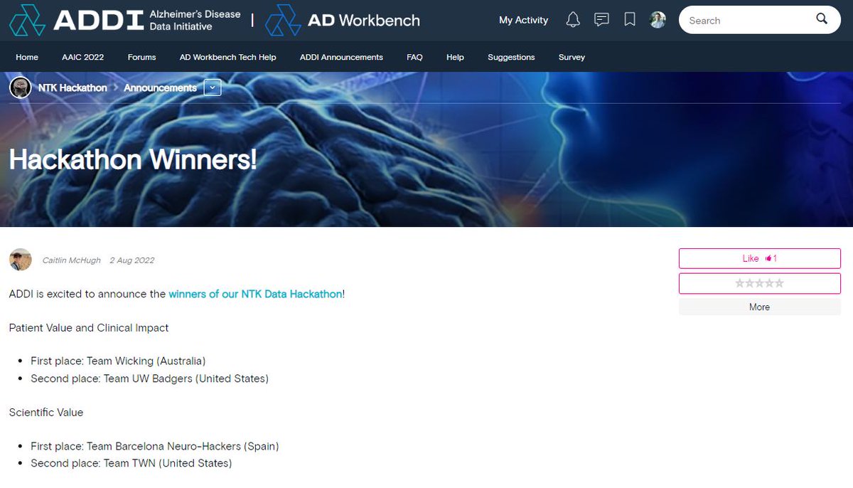 eddy_roccati's tweet photo. Extremely stoked to announce that myself and a few other @WickingDementia researchers have taken out first prize in the Patient Value and Clinical Impact section of the #NeutroToolKit data hackathon announced at #AAIC22 ๐ฅณ @AlzData @RocheDia @IMI_EPAD @alzassociation @ISTAART https://t.co/dbWmbb4bny