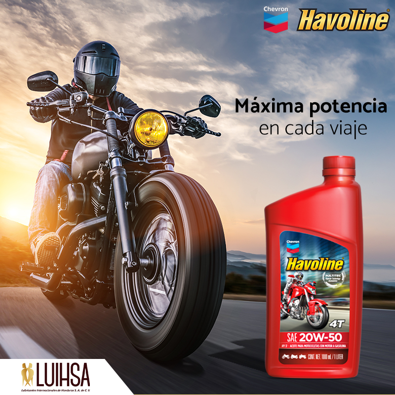 LuihsaHn's tweet photo. Ve más lejos con Havoline 4T, un aceite diseñado especialmente para uso en motores, embragues y cajas de cambio de motocicletas a gasolina de cuatro tiempos.💪

#Havoline #Chevron #LUIHSA https://t.co/PLw31s3UOA