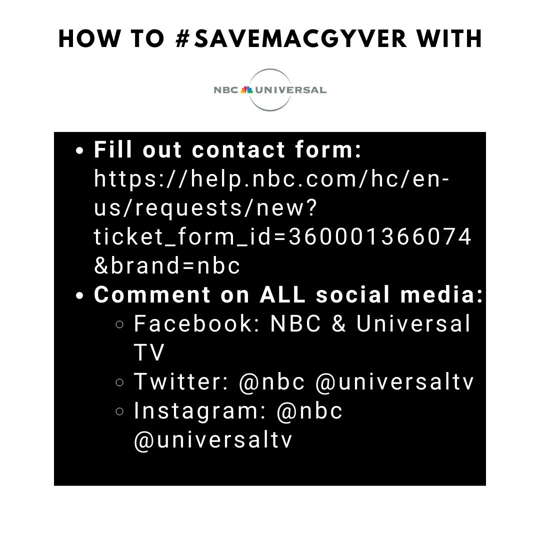 We're focusing on bringing attention to the #SaveMacGyver campaign through #MacCommunication and we want you to join us! Today we're targeting <a href="/LionsgateTV/">Lionsgate TV</a> AND <a href="/nbc/">NBC Entertainment</a> <a href="/UniversalTV/">Universal Television</a> - see the graphics for more details on how to participate!