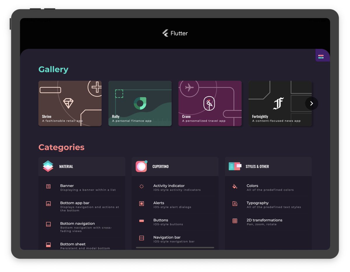 FlutterDev's tweet image. 🌿 How Flutter behaves in the wild.

Dive into Flutter Gallery, a collection of Material Design &amp;amp; Cupertino widgets, behaviors, and vignettes implemented with Flutter.

Learn more → goo.gle/3zTf3E3