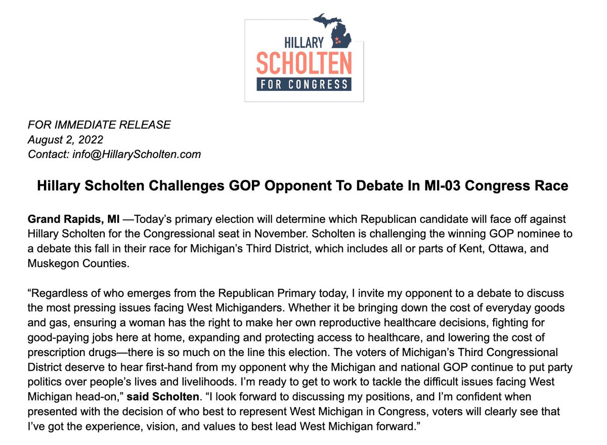 Polls close in an hour and regardless of who wins the GOP Primary, I invite my opponent to a debate to discuss the most pressing issues facing West Michiganders. I’m confident voters will see that I’ve got the experience, vision, and values to best lead West Michigan forward.