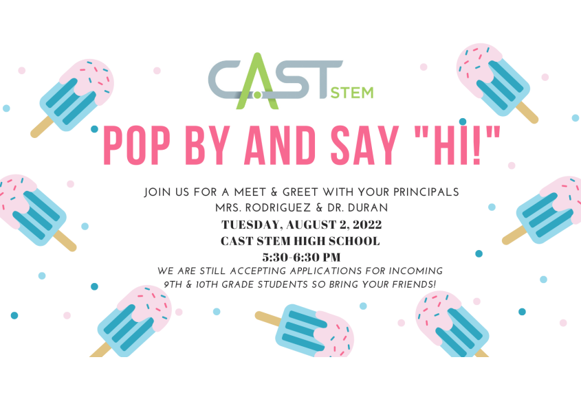 swisd_caststem's tweet photo. Hey everyone, don’t forget to “pop” in and say hi to our principal this evening! Come on by! We are meeting and greeting until 6:30, today!#prepdays #igniteyoursuccess #wearecaststem #wearesw #gopublic #bethelight @castschools @swisd https://t.co/tpbHsEiJ1Z