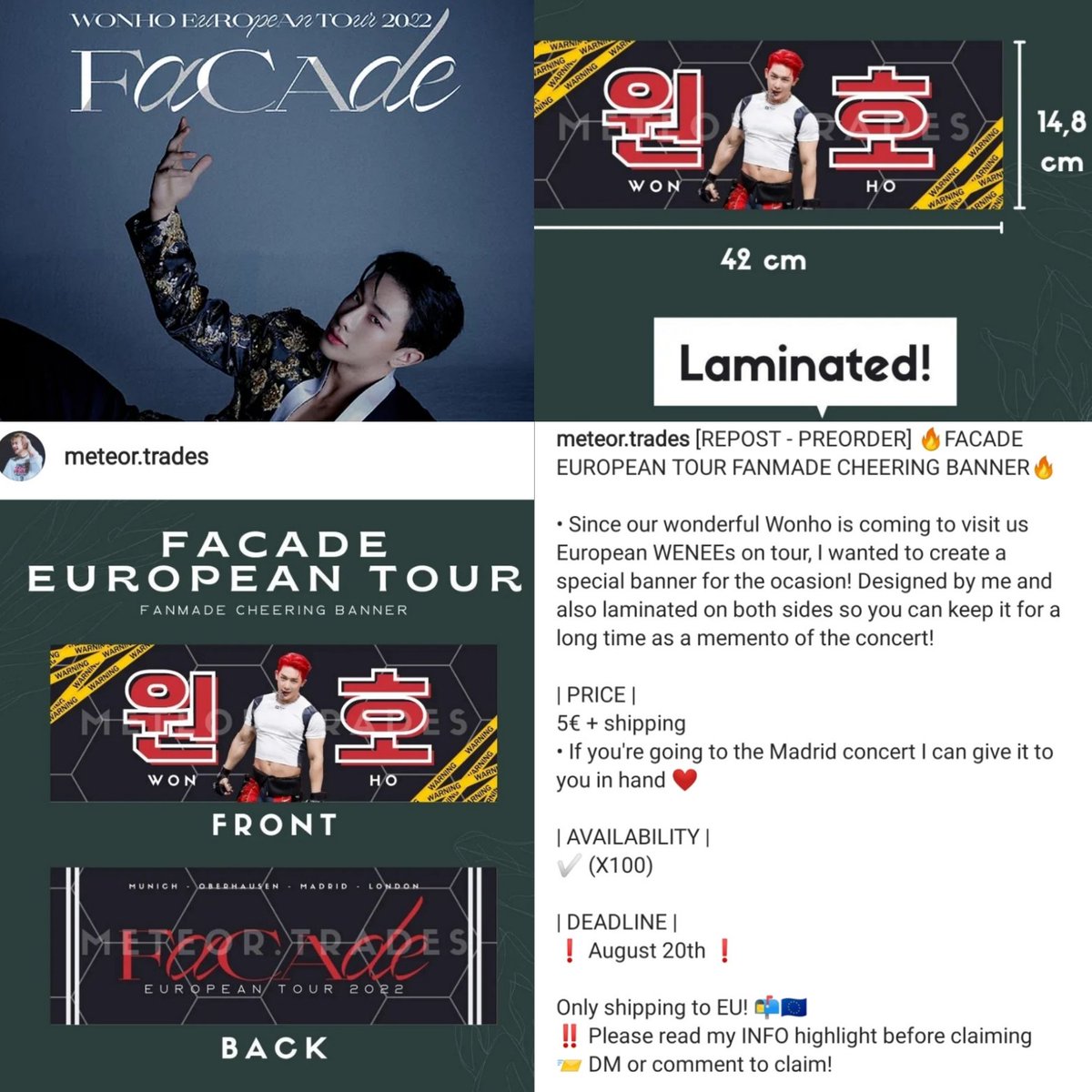 ShishiGom's tweet photo. To my fellow wenees, here's a fan made cheering banner for the European tour! 💛
Go claim yours till August 20th to have it at your venue! 😉
👉 @Out_Of_ODDINARY
@/meteor.trades on Instagram
#wonhoeuropeantour2022 #WONHO #WONHO_FACADE #wtswonho #WTS #cheeringbanner #kpopconcert https://t.co/3bhNhCMIQt