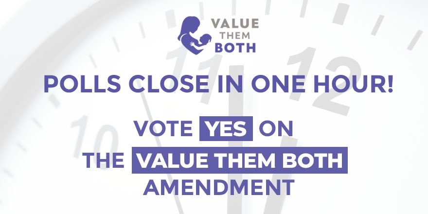 POLLS CLOSE IN ONE HOUR ⏰

If you haven't already, get out and VOTE YES on Value Them Both! Find your polling location here >> vote.valuethemboth.com