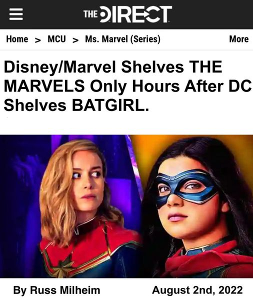 3xchair's tweet photo. Breaking News: #Marvel shelves "The Marvels" only hours after #DC shelves "Batgirl." @RollingStone and corporate media's #Snydergate has failed.  https://t.co/7zKagWqNSh https://t.co/wworIW1vtM