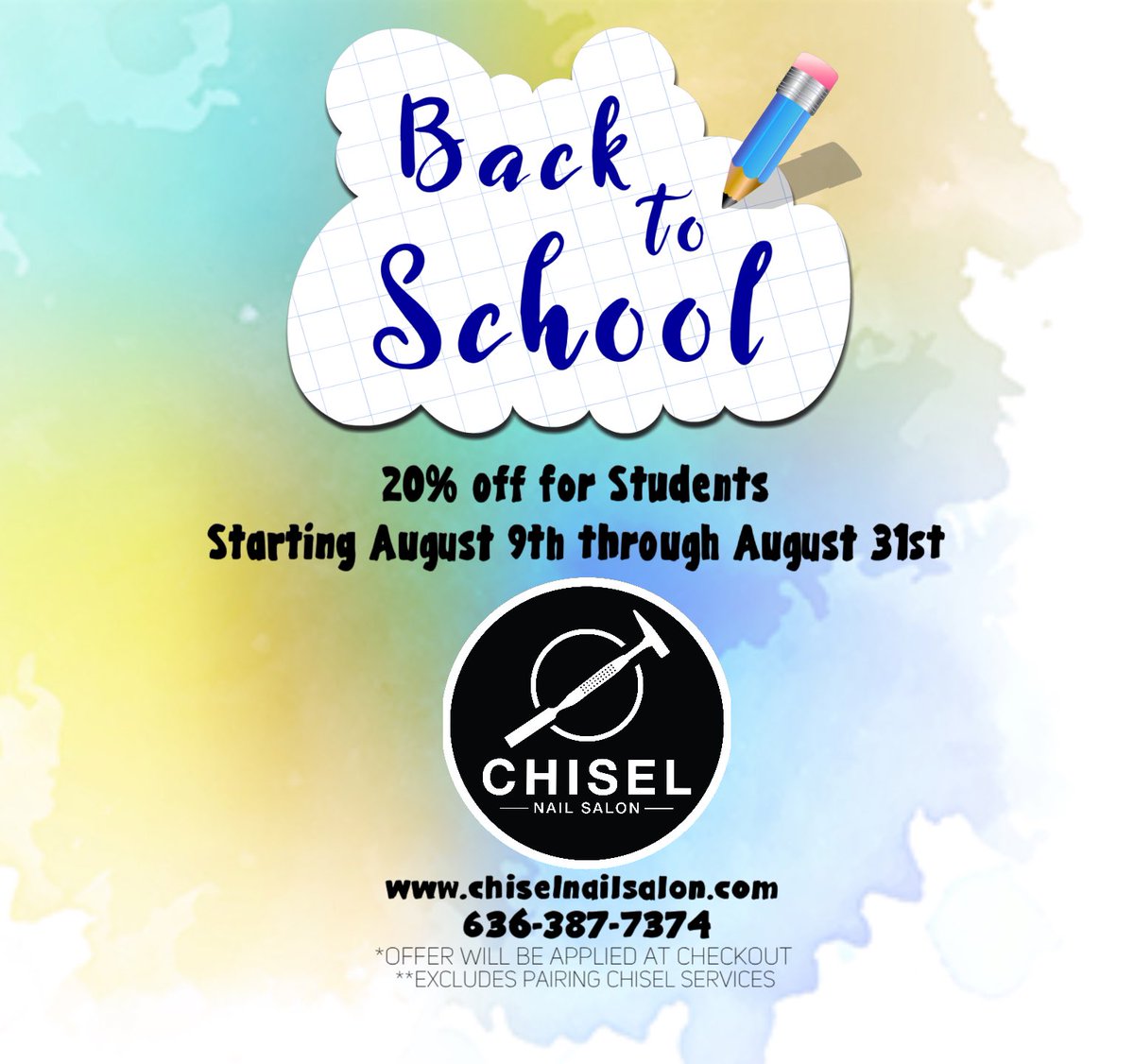 ChiselNail's tweet photo. ATTENTION STUDENTS! 🚨From August 9 through August 31st, we’re having a BACK TO SCHOOL SPECIAL! 🎒✏️ Hurry and BOOK NOW to secure your spot, https://t.co/V7VopId0oO
•
•
•
•
•
•
#chiselnailsalon #formen #manicuresformen #pedicuresformen #backtoschool https://t.co/nYq9WyxUki