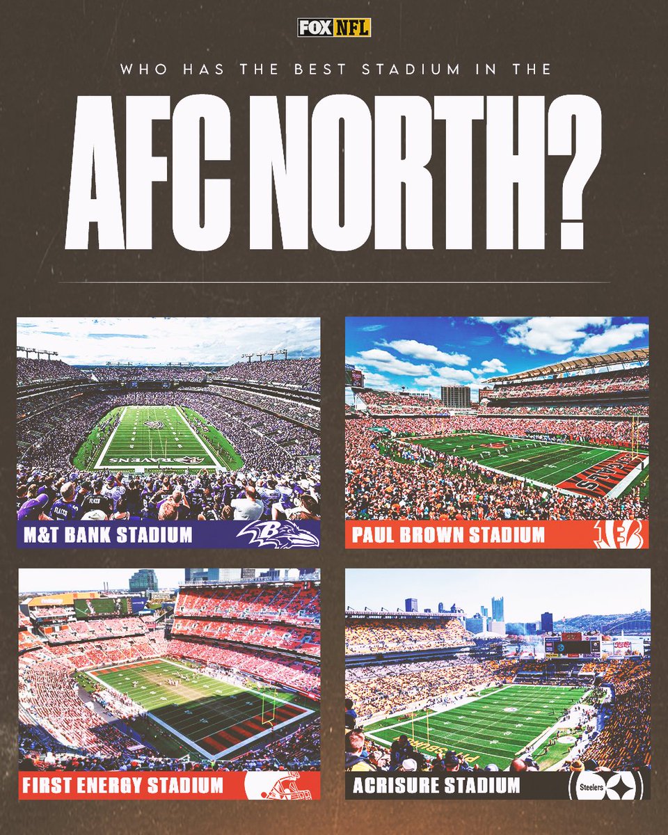 NFLonFOX's tweet photo. Which team has the best stadium in the AFC North? 🏟🤔
- @Ravens 
- @Bengals 
- @Browns 
- @steelers https://t.co/eCcCPiFEwV