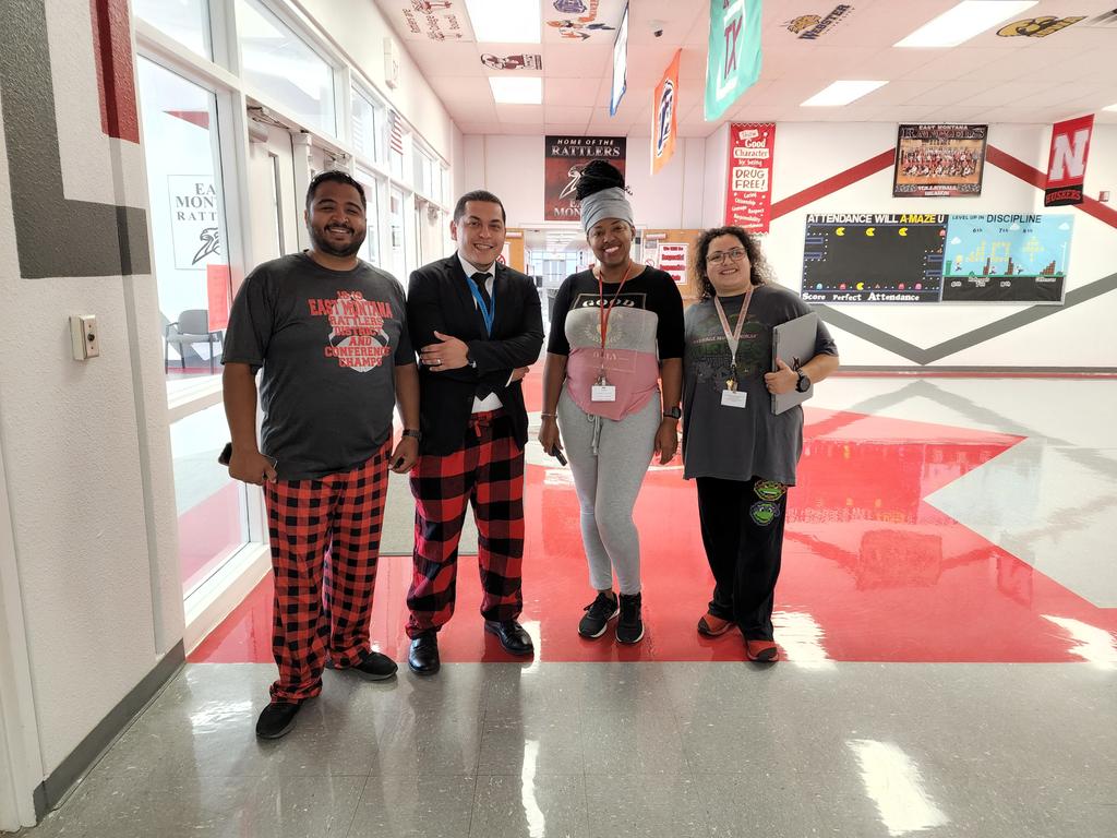 missalexsan's tweet photo. The leadership team supporting dress up week showcasing their elegant pijamas! #PBIS #SEL #ClintISD  #HeartFirstClintISD @EMMS_Gutierrez @Team_EMMS @OliverAP_EMMS @DebLuevanos https://t.co/AgV9yV0Ya5