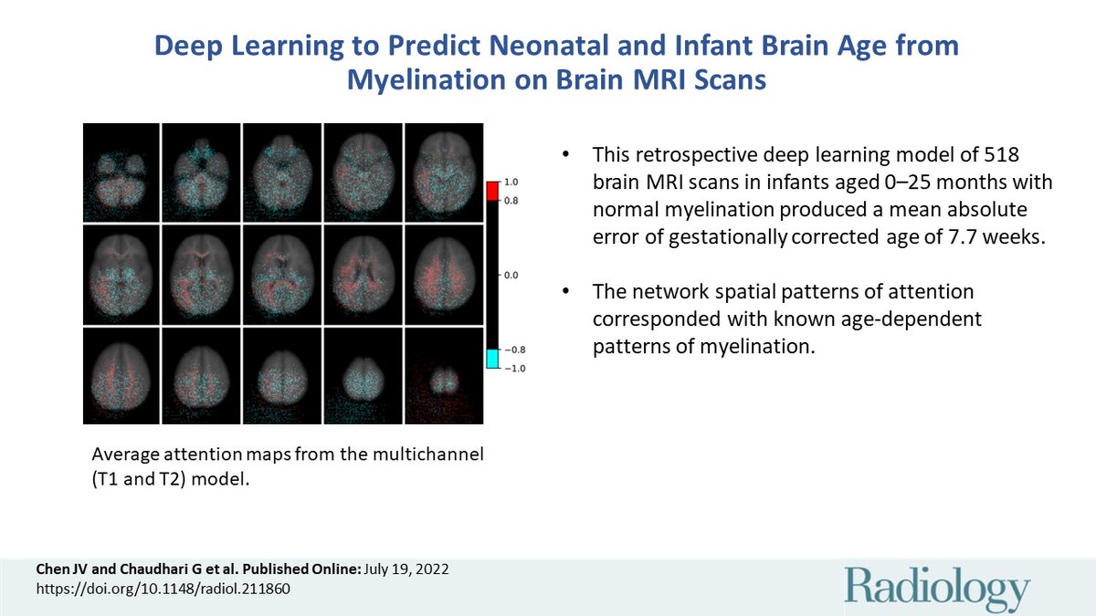 A #DeepLearning model that evaluates myelination patterns can predict the gestationally corrected age of neonates & infants on the basis of T1- and T2-weighted MRI scans of the brain. bit.ly/3be77n6 Great work @DrDreMDPhD @YiLiMD & team!