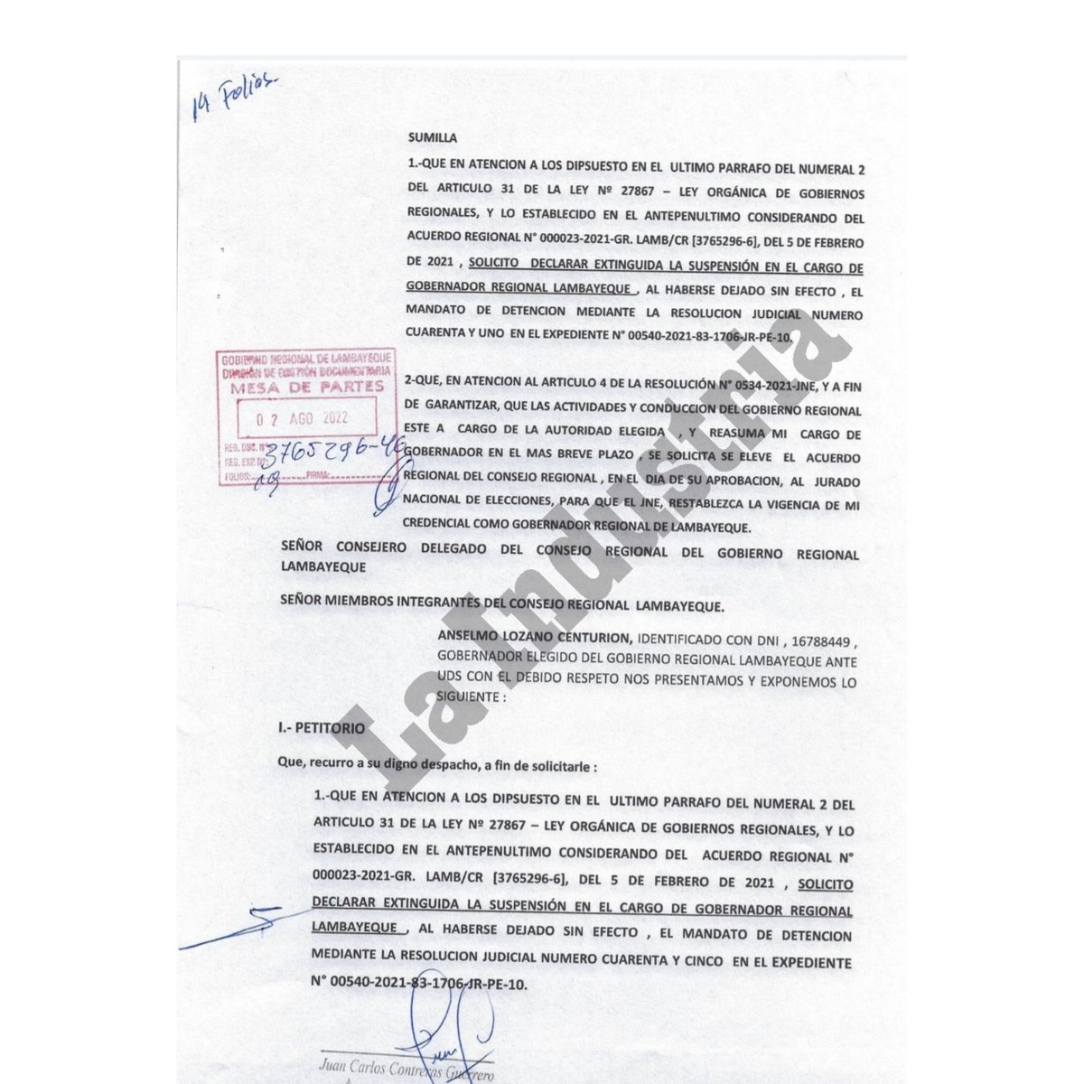 LaIndustria_cix's tweet photo. 🚨#LOÚLTIMO

➡️🛑🔵 LOZANO EMPLAZA AL CONSEJO REGIONAL | Pide extinguir suspensión como gobernador

Anselmo Lozano envía documento al Consejo Regional de #Lambayeque “…declarar extinguido la suspensión en el cargo de gobernador…al haberse dejado sin efecto detención…”. https://t.co/e97cMuDAt4