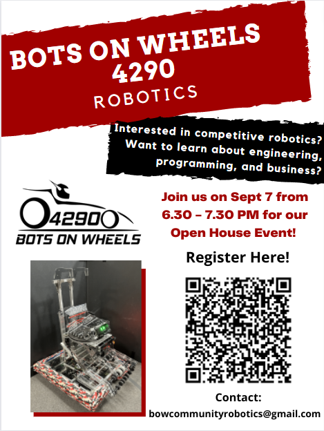 OfficialBOW4290's tweet photo. Come roll with us at our new student recruitment meeting! Register using the QR code or the link to join us in the next FIRST competition season. https://t.co/8D44e6UijO