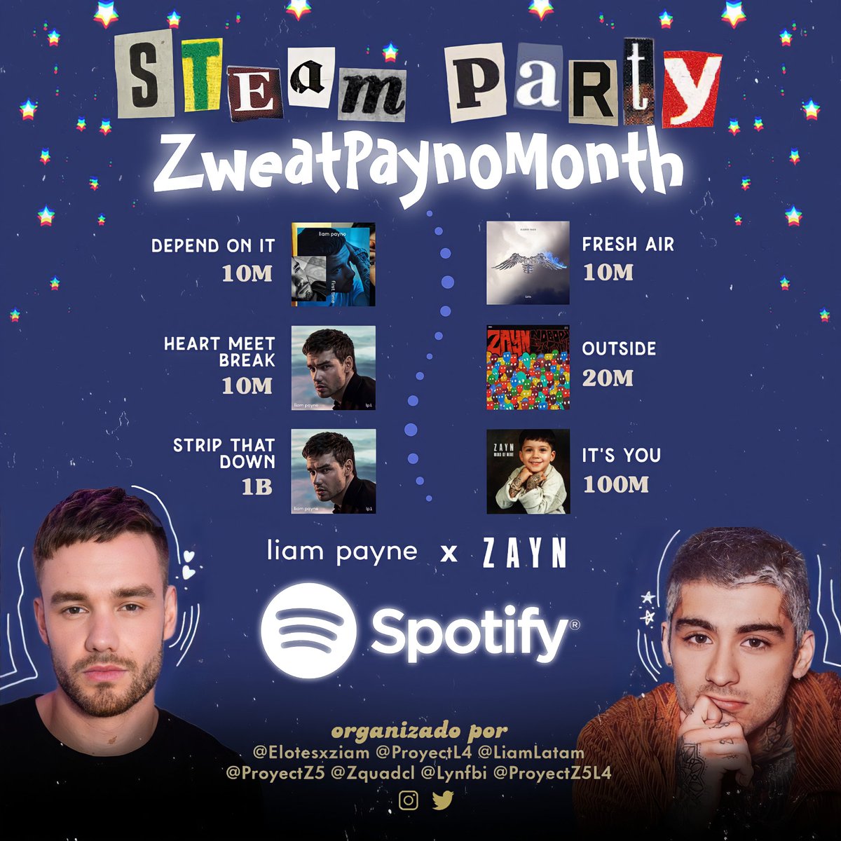 proyectL4's tweet photo. 📣 Hey! Nos juntamos con cuentas maravillosas para crear este stream party una colaboración de Zayn Malik #Zweat x Liam Payne #PaynoMonth, con el único objetivo de subir reproducciones en Spotify.
Dale RT para que más personas sepan de esto. ❤ https://t.co/smaQyEhXDm