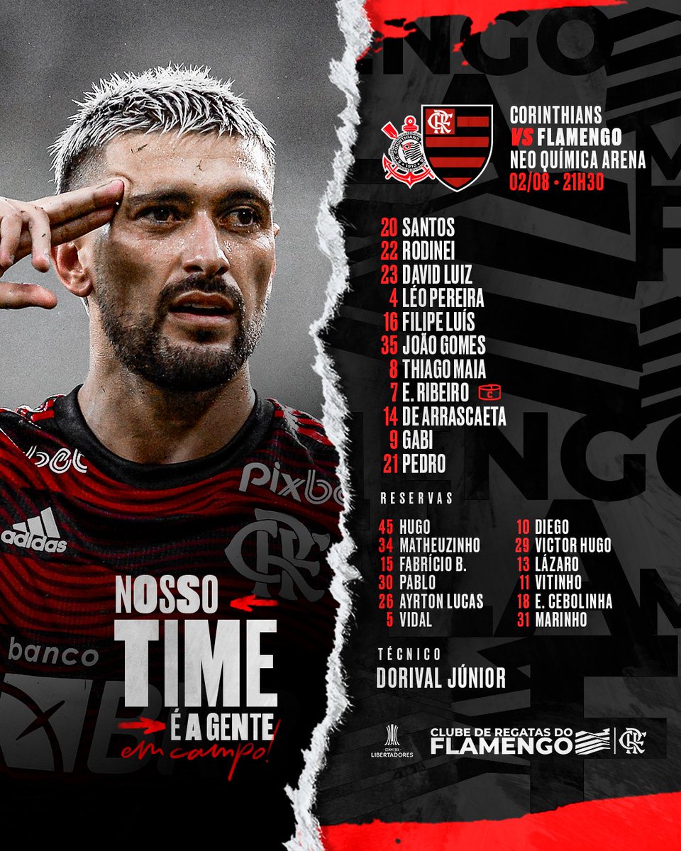 Flamengo's tweet photo. NOSSO TIME É A GENTE EM CAMPO! O Flamengo está escalado para enfrentar o Corinthians, pela @Libertadores! #VamosFlamengo #CORxFLA https://t.co/1xtpcpYLkx