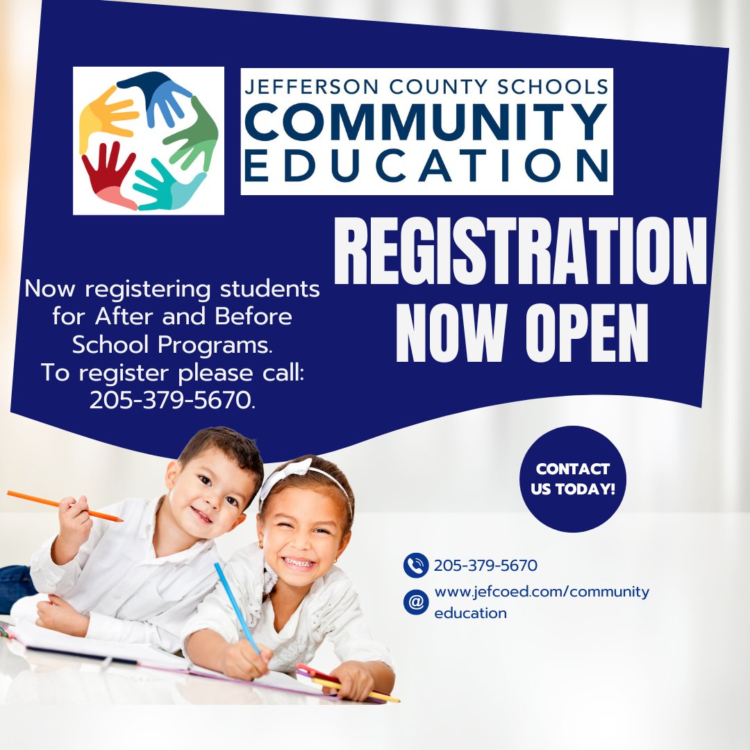 REGISTRATION IS NOW OPEN FOR THE 2022-2023 AFTER SCHOOL PROGRAM.SPOTS ARE FILLING UP FAST!

TO AVOID BEING ON THE WAITLIST PLEASE EMAIL ONE OF THE FOLLOWING FOR REGISTRATIONS FORMS AND ONLINE PAYMENT INFO.
CNJONES@JEFCOED.COM
LROSENOW@JEFOCED.COM