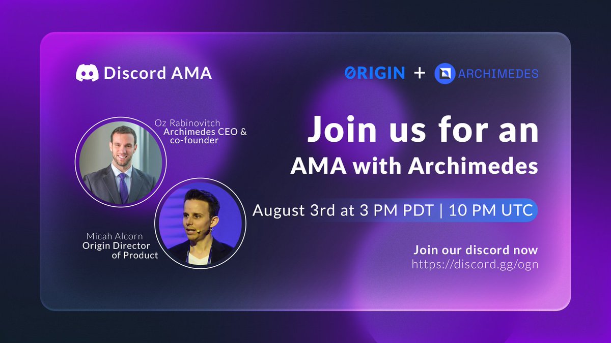 OriginProtocol's tweet photo. 🚀 We're pleased to have @ArchimedesFi joining the $OGN Discord tomorrow for an AMA. Archimedes will be launching soon with tradable leveraged positions. Come learn why projects like Archimedes are building with $OUSD 🥳

⏰ 3 PM PDT | 10 PM UTC 
👉 https://t.co/pWDjXEj8VI https://t.co/yzf4xCt7KU