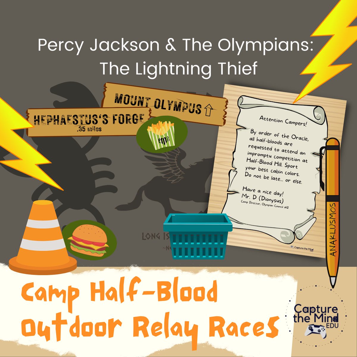 capture_mindEDU's tweet photo. Did your students LOVE reading Rick Riordan's Percy Jackson and The Olympians: The Lightning Thief? Continue the fun with this outdoor relay styled competition with your students!

⚡️🔱📦🍔🍟⛺️🏆

https://t.co/aEY4DG7qxq 

#teaching #percyjackson #lightningthief https://t.co/Z03ccGDvE1
