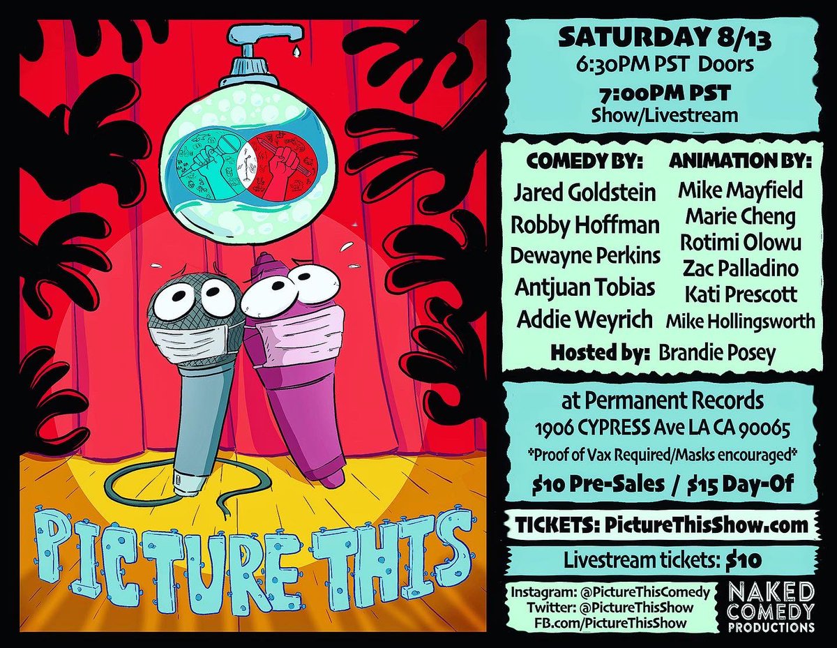 #LA I'll be at @Permanent_LA next Saturday 8/13 for another @PictureThisShow!! @addieyomind @heyjaredhey @iAmRobbyHoffman @DewaynePerkins @AntjuanTobias @Brandazzle @KatiPrescott @rotimiolowu & more! 

Live show AND live streaming tickets available 🎟: eventbrite.com/e/picture-this…