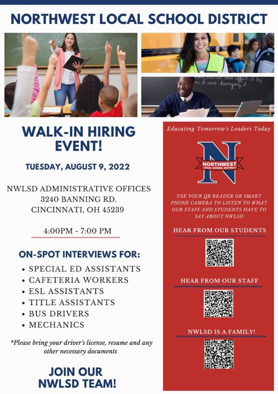 nwlocal's tweet photo. NWLSD will be hosting a hiring event on Tuesday, August 9th, from 4:00 - 7:00 pm at our Administrative Office building! We will be offering on-spot interviews for the listed positions! Please be sure to bring your driver's license, resume and any other necessary documents. https://t.co/CwmDSFfJNl