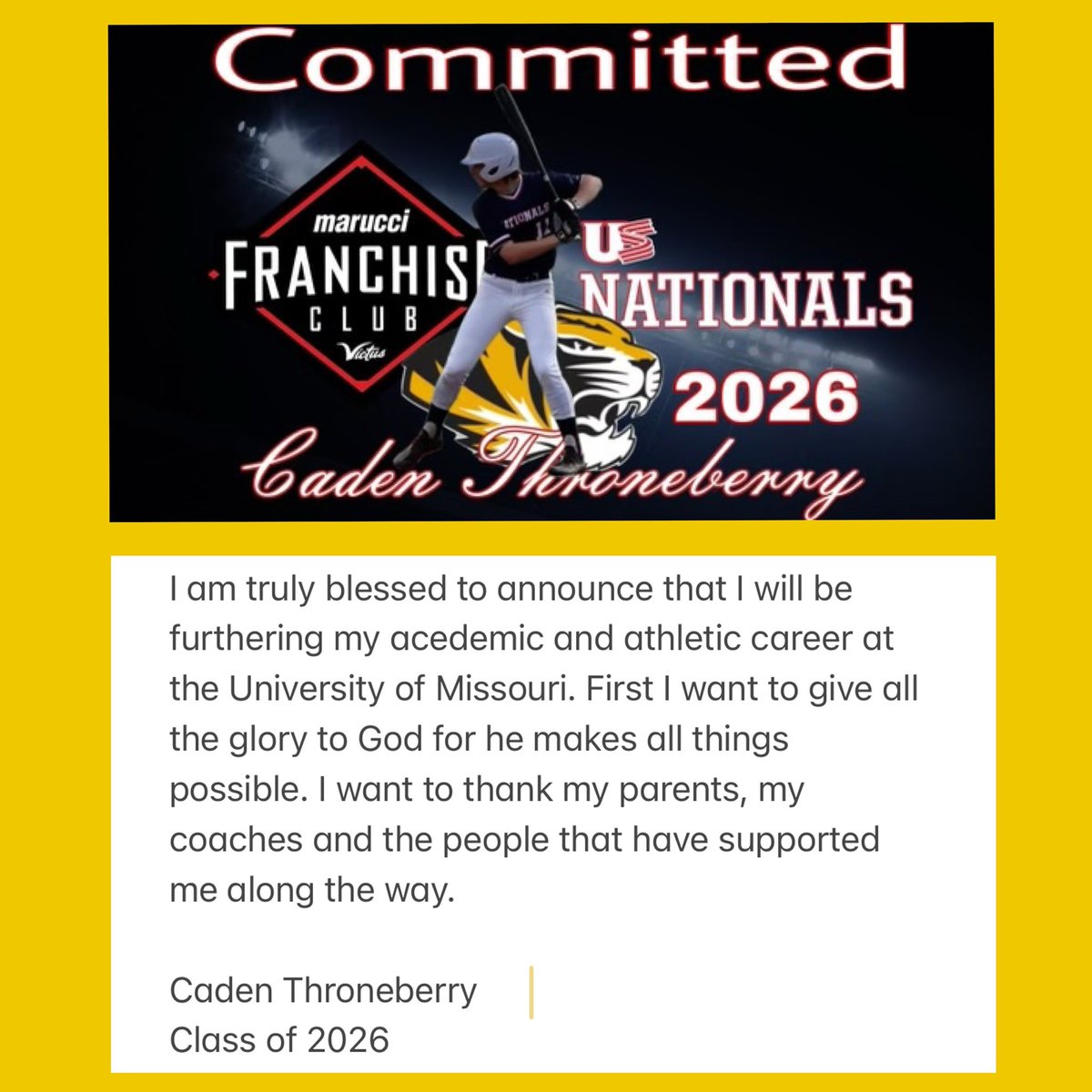 Caden Throneberry (@cadenthroneber1) on Twitter photo Thank you to <a href="/JtHagerty/">Jason Hagerty</a> <a href="/biesersr/">Steve Bieser</a> <a href="/MizzouBaseball/">Mizzou Baseball</a>Β Β <a href="/USNatsNational/">US Nationals Baseball</a> <a href="/JD8Baseball/">Jerry Daniels</a>Β Β <a href="/PG_Scouting/">Perfect Game Scout</a> <a href="/PerfectGameUSA/">Perfect Game USA</a> @JBrownPG @JGatesPG <a href="/PBR_Moulder/">Kevin Moulder</a> <a href="/jzimmbaseball/">Jack Zimmerman</a> <a href="/Chas_Pippitt/">Chas Pippitt</a> @elite_velocity1 <a href="/cthroneberry_99/">Connor Throneberry</a> #mhs2026 Thank you to <a href="/JtHagerty/">Jason Hagerty</a> <a href="/biesersr/">Steve Bieser</a> <a href="/MizzouBaseball/">Mizzou Baseball</a>Β Β <a href="/USNatsNational/">US Nationals Baseball</a> <a href="/JD8Baseball/">Jerry Daniels</a>Β Β <a href="/PG_Scouting/">Perfect Game Scout</a> <a href="/PerfectGameUSA/">Perfect Game USA</a> @JBrownPG @JGatesPG <a href="/PBR_Moulder/">Kevin Moulder</a> <a href="/jzimmbaseball/">Jack Zimmerman</a> <a href="/Chas_Pippitt/">Chas Pippitt</a> @elite_velocity1 <a href="/cthroneberry_99/">Connor Throneberry</a> #mhs2026