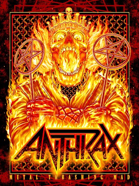 kylersharp's tweet photo. My latest poster/Tshirt design for the mighty ANTHRAX! @Anthrax will have these on their tour, right now! I’ll have a limited run of screen printed artist proofs 4 sale when their tour ends! Stay tuned! #anthrax #forallkings #amongtheliving #not #metalthrashingmad #40yearsofmetal https://t.co/XuxRUy63qL