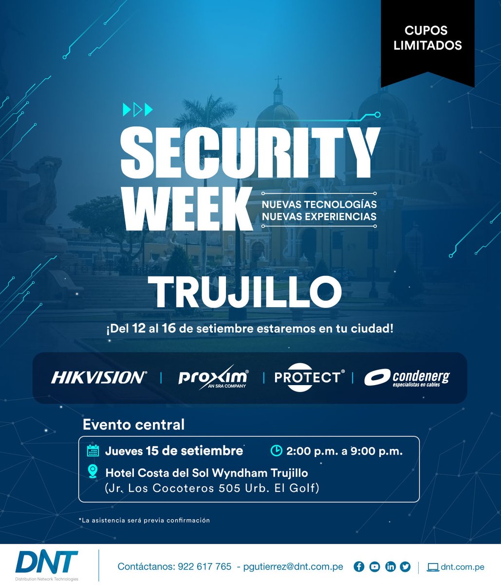 ¡𝗡𝘂𝗲𝘃𝗮𝘀 𝘁𝗲𝗰𝗻𝗼𝗹𝗼𝗴𝗶́𝗮𝘀, 𝗻𝘂𝗲𝘃𝗮𝘀 𝗲𝘅𝗽𝗲𝗿𝗶𝗲𝗻𝗰𝗶𝗮𝘀!
📌 ¡DNT te invita a participar del #SecurityWeekPerú 2022 en TRUJILLO! 📈
¡Cupos limitados!
¡El ingreso es gratuito!
📝 REGÍSTRATE AQUÍ: bit.ly/3zuzUvI