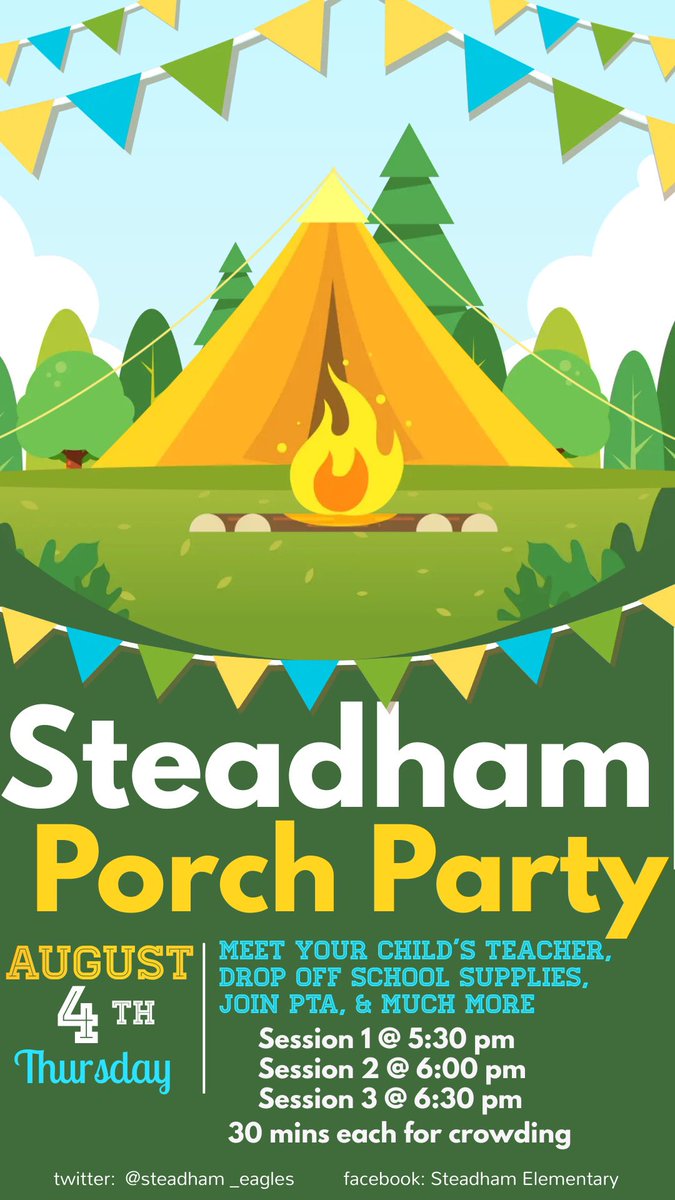 Steadham Elementary (@steadham_eagles) on Twitter photo Just a friendly reminder Steadham families! Please join us at “Camp Eagle,” our Back to School Porch Party on Thursday, August 4! We will have 3 sessions from 5:30-7:00 p.m. Can't wait to see you there! <a href="/MissLataisha/">La'Taisha Stinnette</a> <a href="/jrhobb01/">Jade Hobbs</a> <a href="/blessed35/">Sonya Pierce</a> <a href="/gisdnews/">Garland ISD</a> #thegisdeffect Just a friendly reminder Steadham families! Please join us at “Camp Eagle,” our Back to School Porch Party on Thursday, August 4! We will have 3 sessions from 5:30-7:00 p.m. Can't wait to see you there! <a href="/MissLataisha/">La'Taisha Stinnette</a> <a href="/jrhobb01/">Jade Hobbs</a> <a href="/blessed35/">Sonya Pierce</a> <a href="/gisdnews/">Garland ISD</a> #thegisdeffect