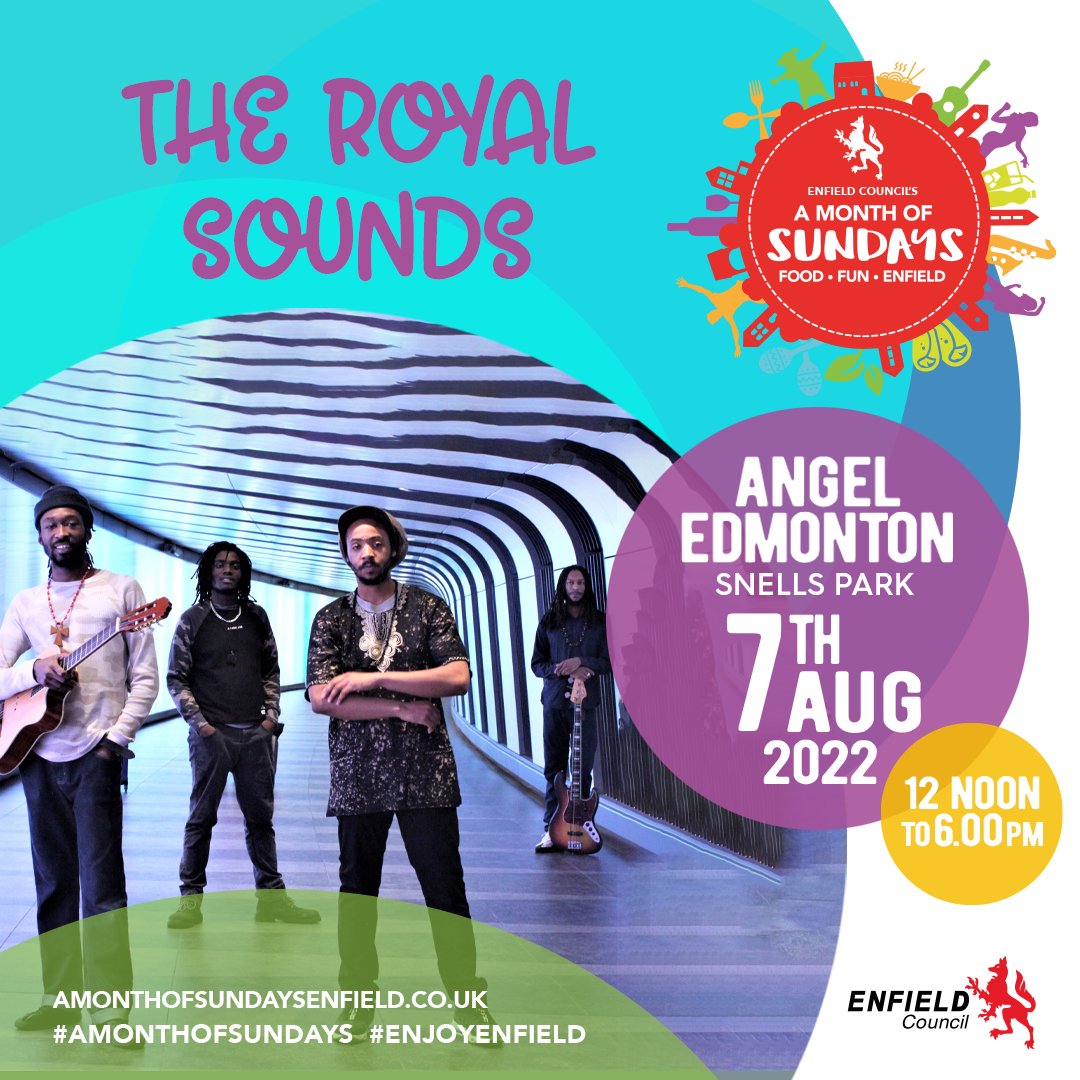 AMOSEnfield's tweet photo. From their 'Burning Inspiration' album to our Enfield stage, @theroyalsounds is bringing the vibe to the festival! This great Reggae band will get you up on your feet dancing!

Sunday 7th August, 12-6pm | Snells Park, N18
https://t.co/2yDuU5zSvF

#enjoyenfield #amonthofsundays https://t.co/97ZbgwaUpc