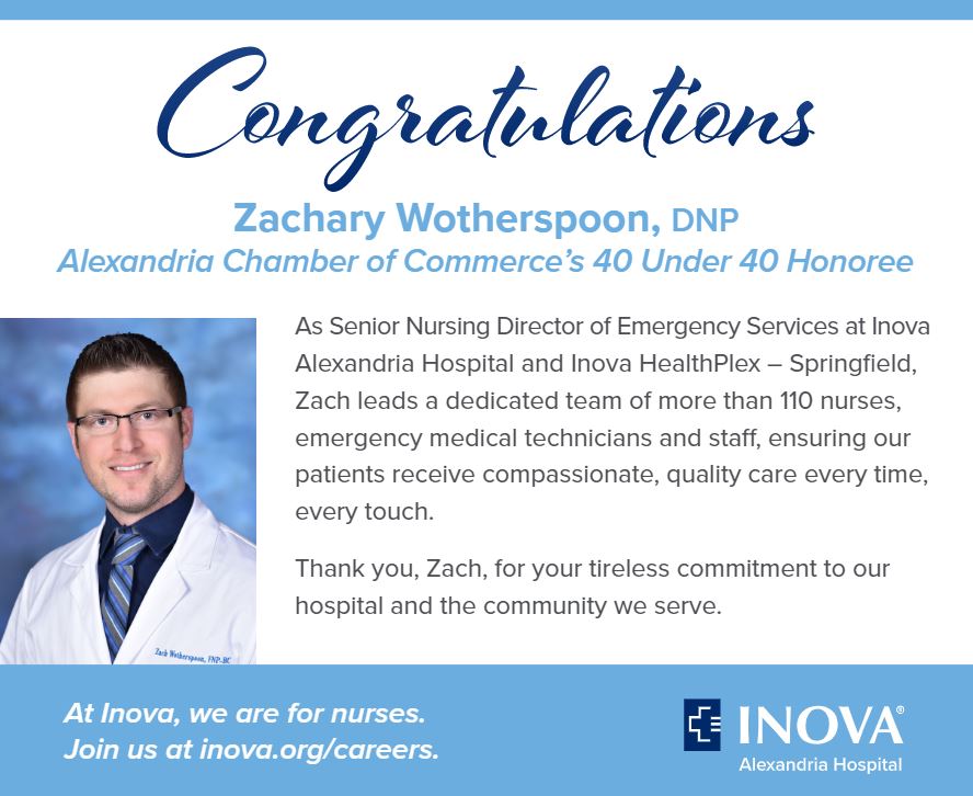 InovaHealth's tweet photo. Congrats to Zach Wotherspoon, DNP, the Sr. Nursing Director of Emergency Services at Inova Alexandria Hospital, for being selected as @TheChamberALX “40 under 40” award recipient.
Thank you, Zach, for all that you do for our community! #InovaNurses #InovaProud https://t.co/MyxUEy2bZD