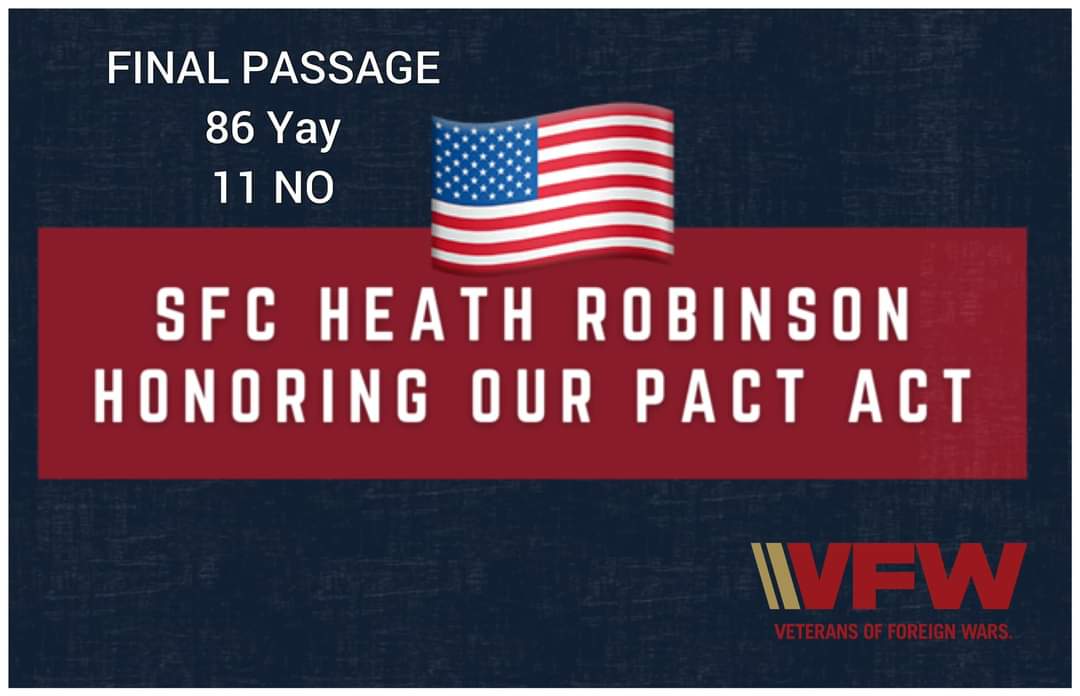 post12206's tweet image. The #PACTAct passed 86-11 tonight!!! Outstanding advocacy by many!  “Today’s passage of the PACT Act is a landmark victory for veterans of all ages, of all conflicts and their families.  A historic day for veterans!  #vfwstrong #everyveterancounts #stillservingThe #PACTAct
