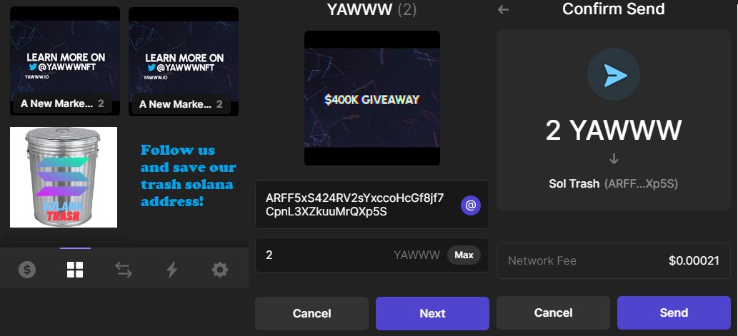 soIanatrash's tweet photo. SOLANA WALLET DRAINER!!

Going on right now! Make sure you revoke all applications from Phantom and send any suspicions NFT/Tokens to our trash wallet!

Send Trash Here: ARFF5xS424RV2sYxccoHcGf8jf7CpnL3

#Solana #walletdrained #solscam #SolanaNFTs #sol https://t.co/jtDwuUA36V