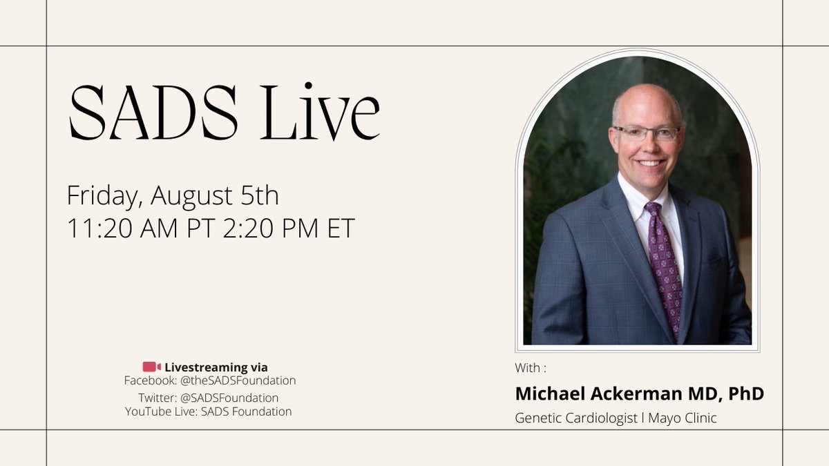 SADS Foundation (@sadsfoundation) on Twitter photo We are back this Friday for SADS Live with <a href="/MJAckermanMDPhD/">Michael J. Ackerman MD,PhD</a> Join us this week at 2:20 PM Eastern on Facebook, Twitter or YouTube. We are back this Friday for SADS Live with <a href="/MJAckermanMDPhD/">Michael J. Ackerman MD,PhD</a> Join us this week at 2:20 PM Eastern on Facebook, Twitter or YouTube.