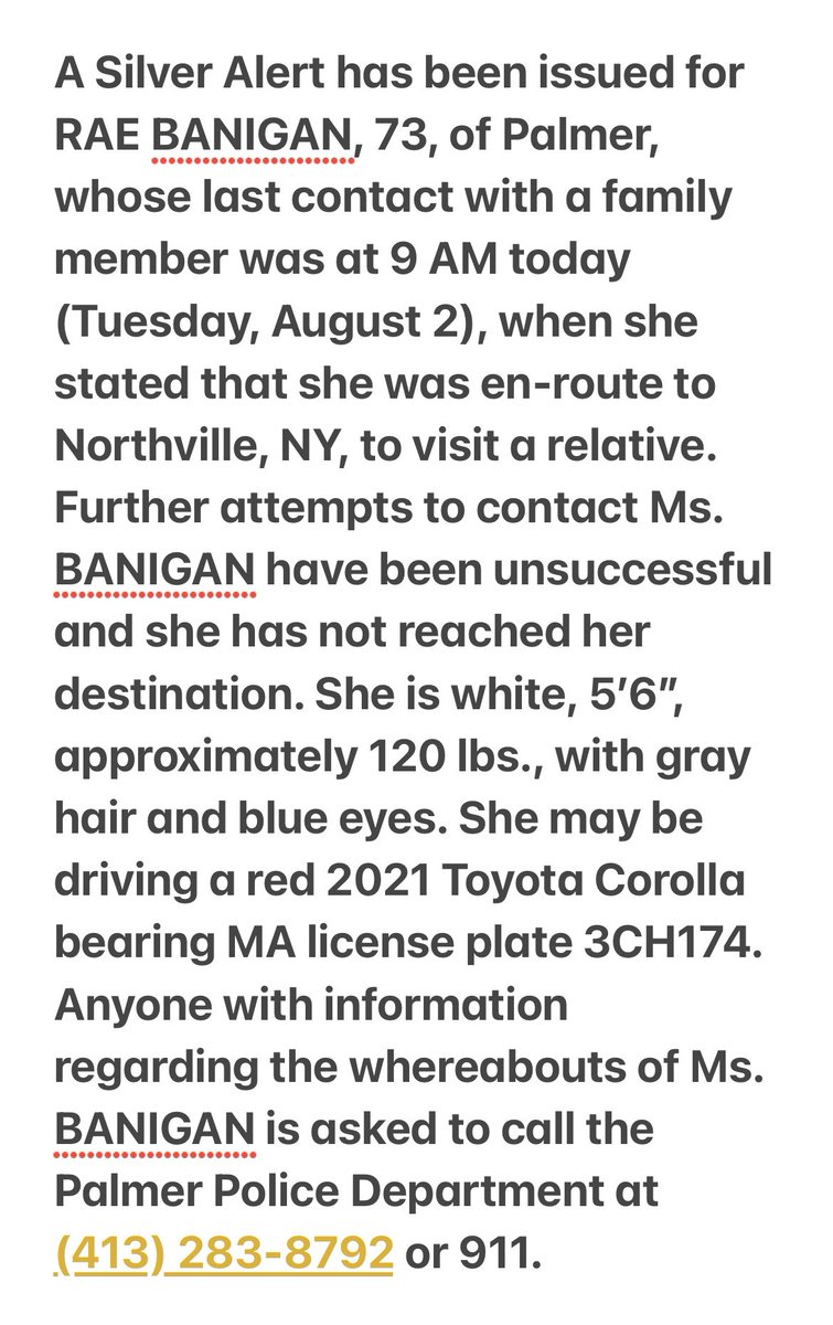 MassStatePolice's tweet photo. Silver Alert issued for missing Palmer woman. More info here: https://t.co/LSt3cVdsYH. If seen please call @palmerpolice at (413) 283-8792 or simply call 911. https://t.co/EsXGo3uqsh
