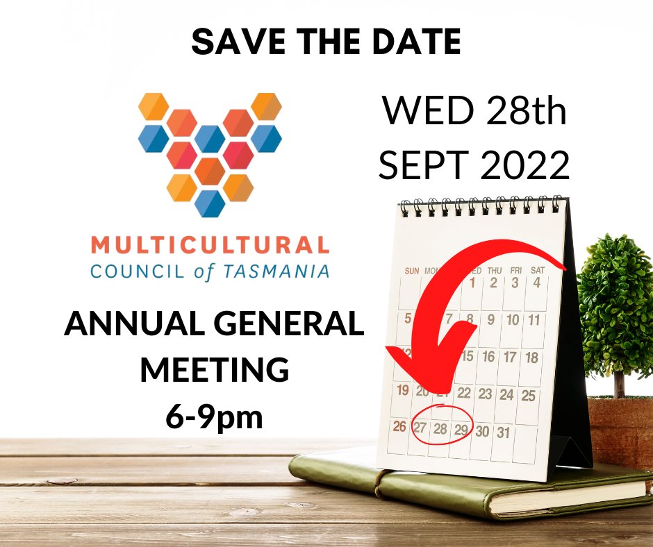 The Multicultural Council of Tasmania wishes to advise the date for our 2022 AGM. Further details will follow in the comings week. 

For all organisations with voting rights please ensure your delegate has been updated before 30 August.
mcot.org.au/update-delegat…