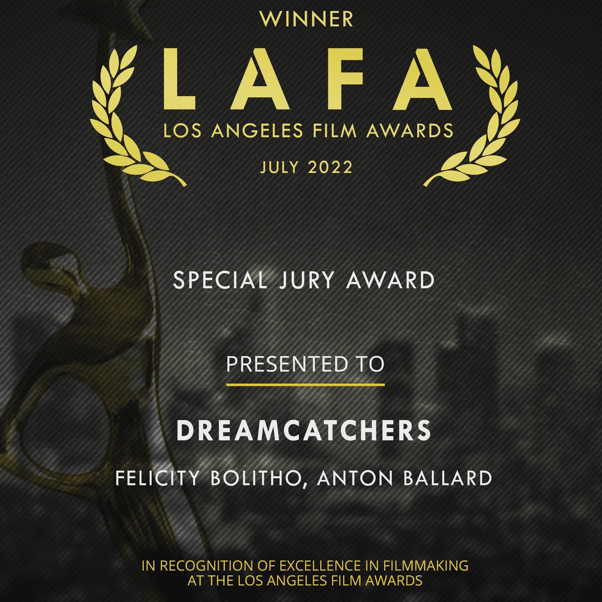 Okay, I don’t usually swear but OMFG! Dreamcatchers is a winner @lafilmawards !!!!  Thank you judges, this is wonderful news. 🙏🏻
#lafa22 ❤️
#ScreenwritingTwitter 
@ballard_anton 👏